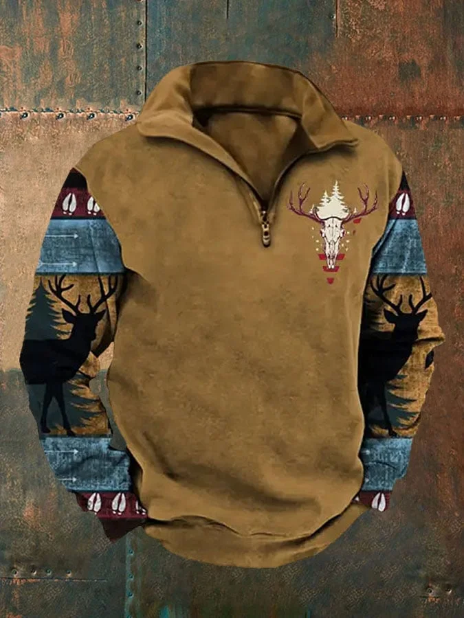 Men's Elk Print Zip Casual Top