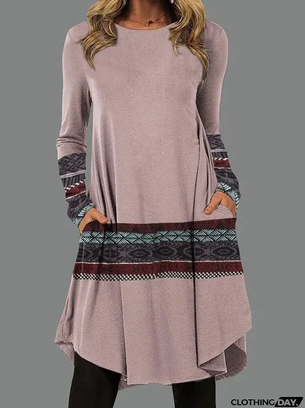 Casual Long Sleeves Striped Contrast Color Printed Round-Neck Mini Dresses