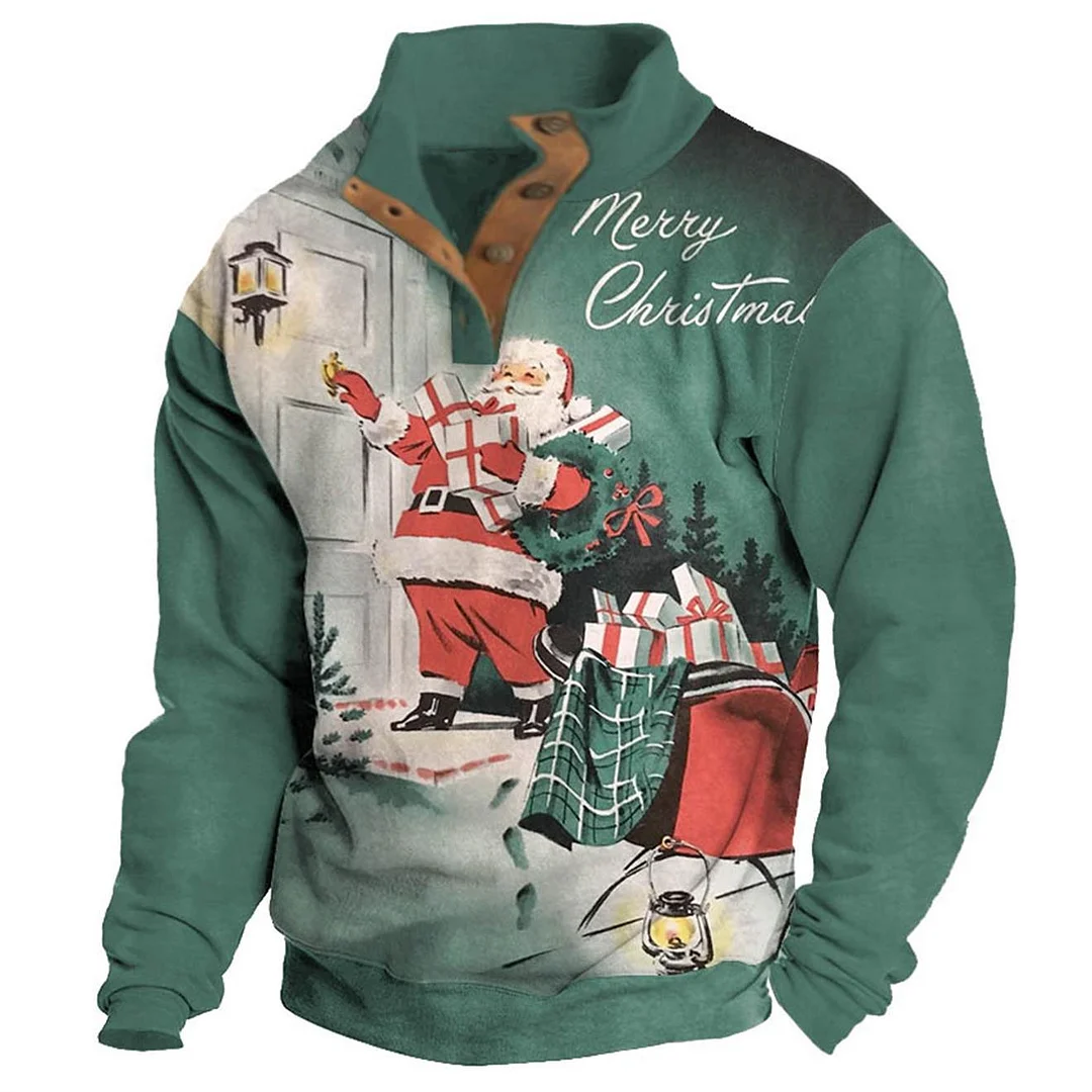 Men's Sweatshirt Merry Christmas Santa Buttons Stand Collar Daily Tops / DarkAcademias /Darkacademias