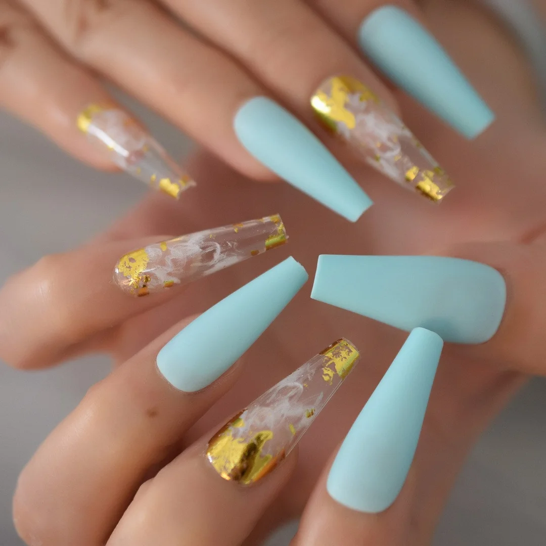 Glossy Nail Tips With 6pcs Foil Press On Nails 2021 Coffin Fingernails Extra Long Manicure With Design Supplies For Professional-Nail Inspo