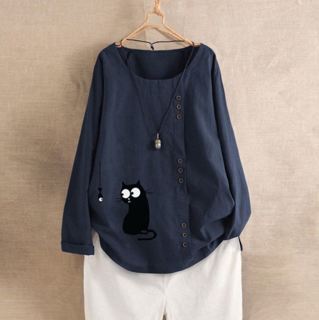 Plus Size Autumn Fashion Linen Cat Print Blouse Casual Button Loose Basic Tops Female Women Long Sleeve Tee Shirt Blusa Pullover