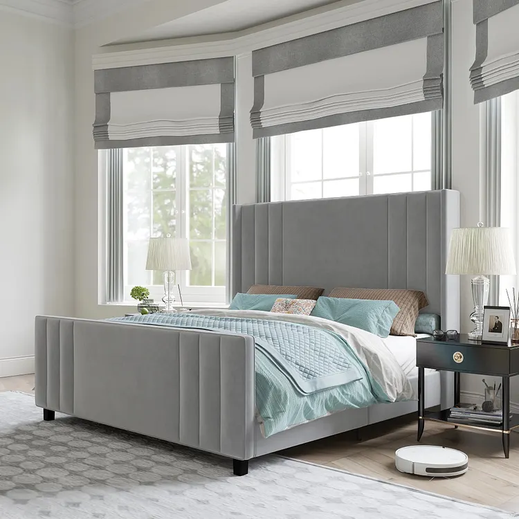 AMERLIFE Queen Bed Frame, Velvet Upholstered Platform Bed with Channel Tufted Headboard/Footboard