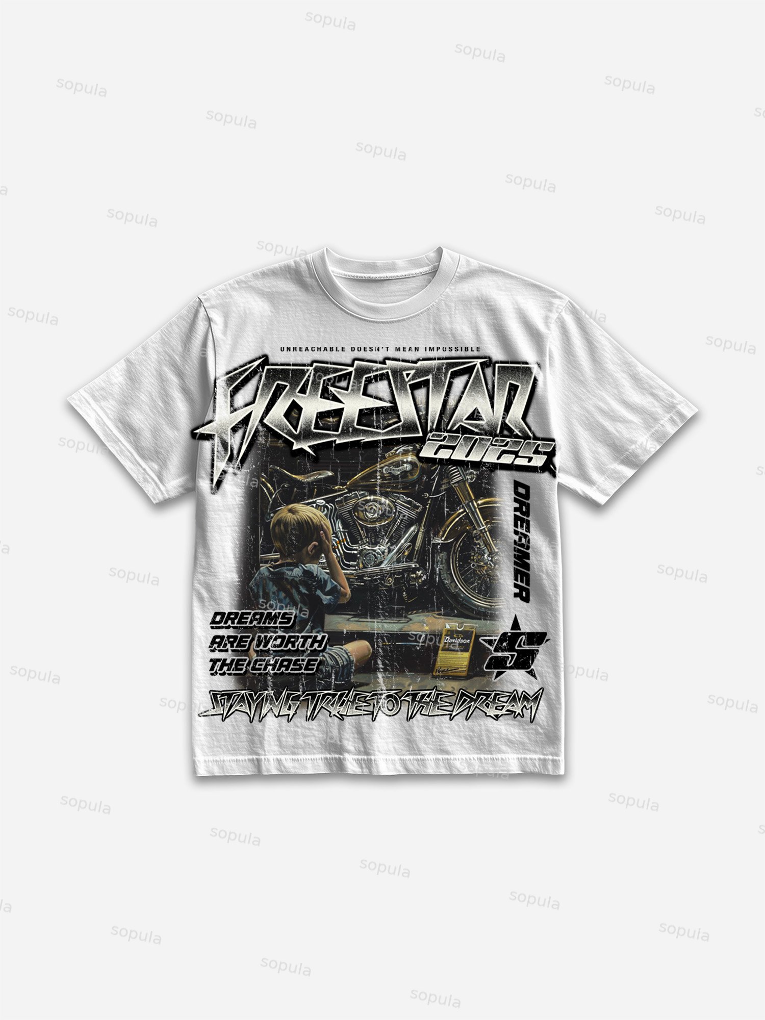 Free Star Chase The Dream Do-over Vintage Biker Graphic Cotton T-shirt - SOPULA