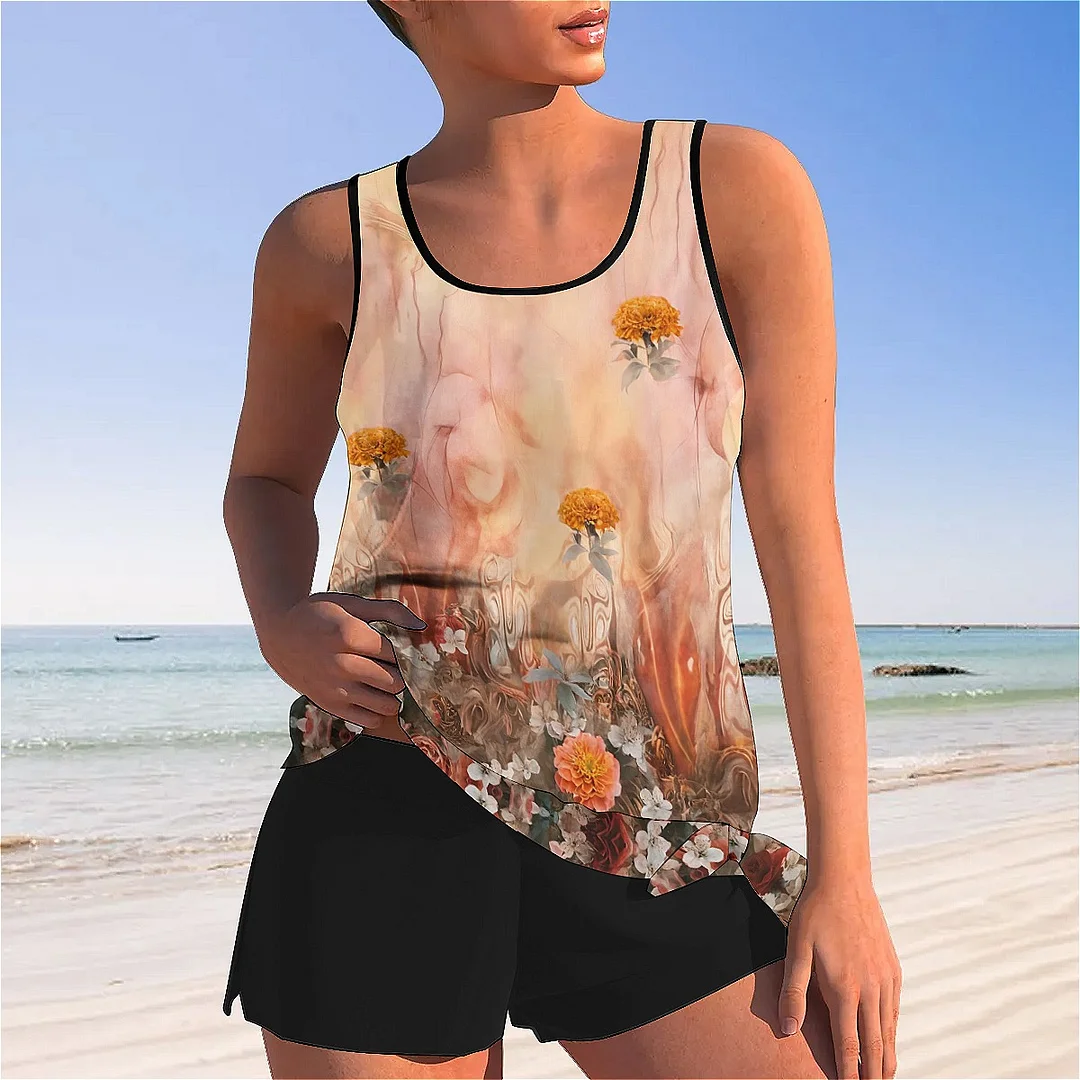 Bowknot Floral,Orange Mid Waisted Tankini Set - Plus Size Available