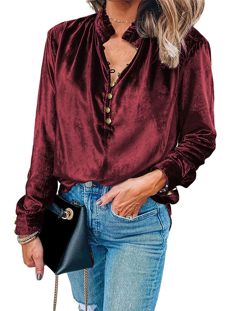Casual Button Half Placket Long Sleeve Velvet Solid Blouse