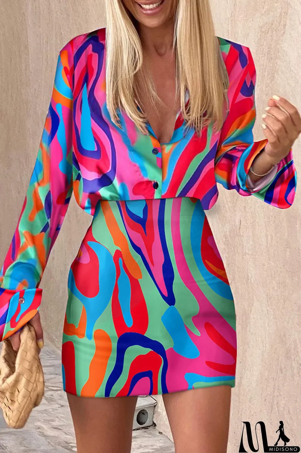 MidiSono - Black Apricot Sexy Casual Work Print Buttons V Neck Long Sleeve Two Pieces