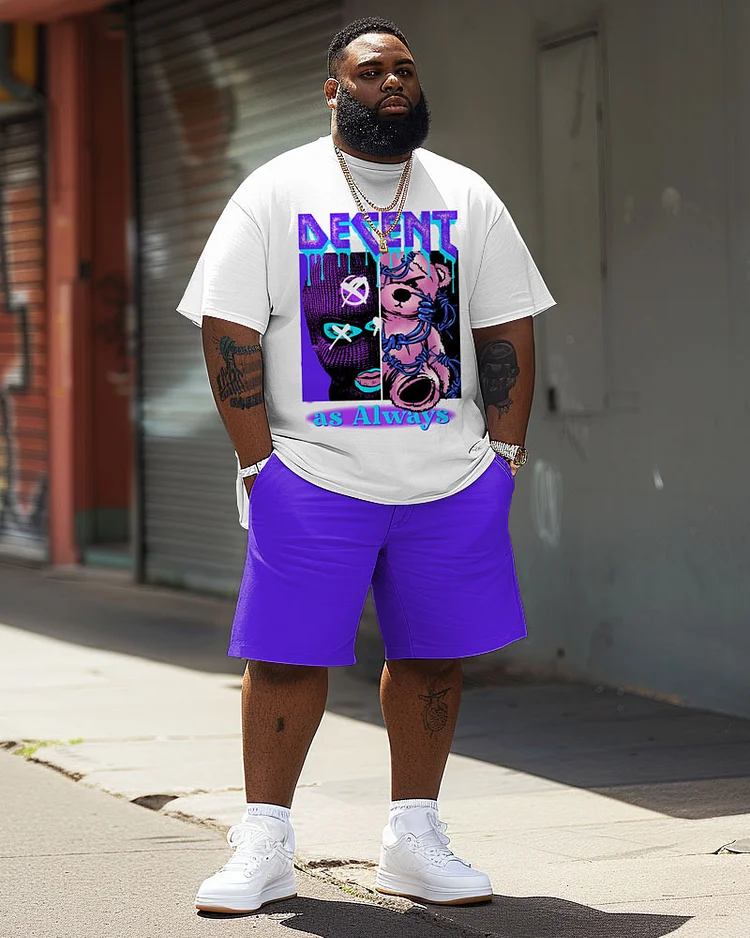 Men's Plus Size Street Casual Graffiti Headgear Bear Alphabet Print T-Shirt Shorts Suit