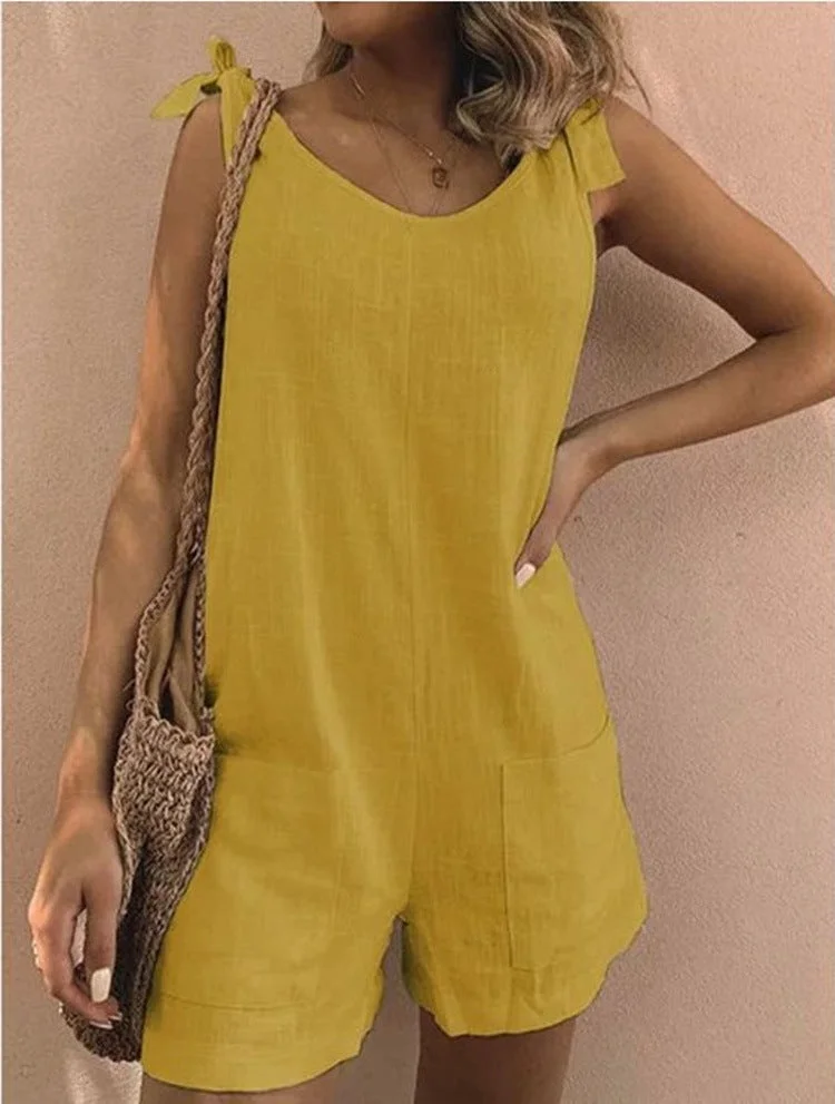Uveng Solid Color High Waist Cotton Linen Pocket Fashion Jumpsuit