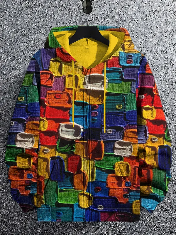 Men's Paint Stacking Splicing Art Print Hooded Zip Up Jacket