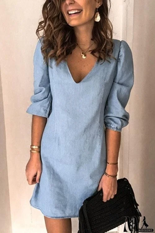 V Neck Casual Loose Denim Dress