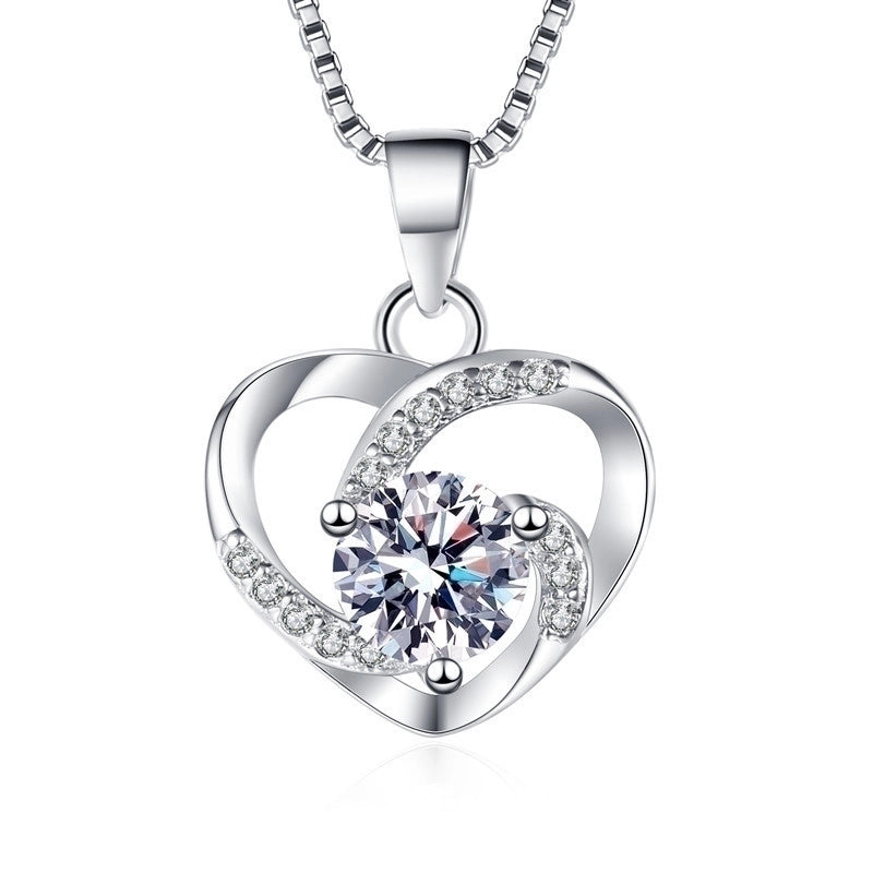925 Sterling Silver Artificial Gemstones Box Chain Inlay Heart Shape Pendant Necklace