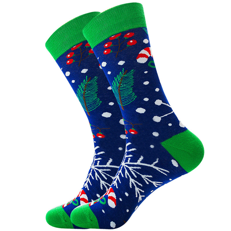 Hit Color Christmas Santa Elk Snowman Printed Breathable Cotton Christmas Socks - Livereid