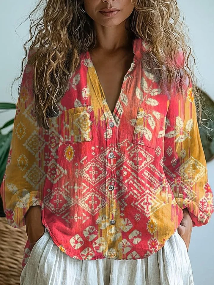 Women's  Retro Floral Art Print Casual Long Sleeve Comfortable Cotton Shirt