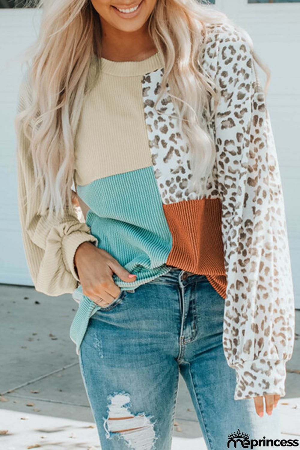 Patchwork Color Block Ribbed Long Sleeve Top