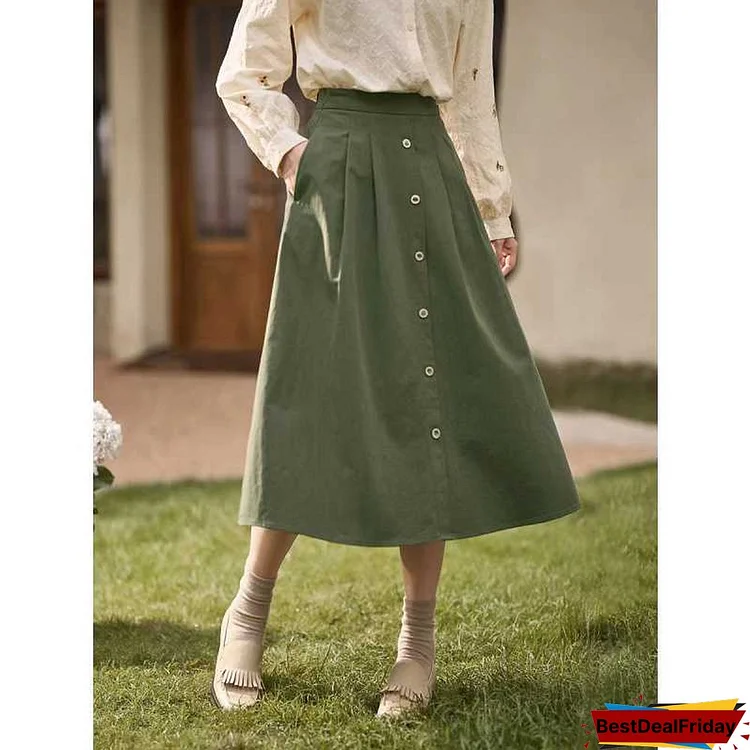  Evening Skirt Midi Buttons Skirt Women Summer Fashion Elastic Waist Dress