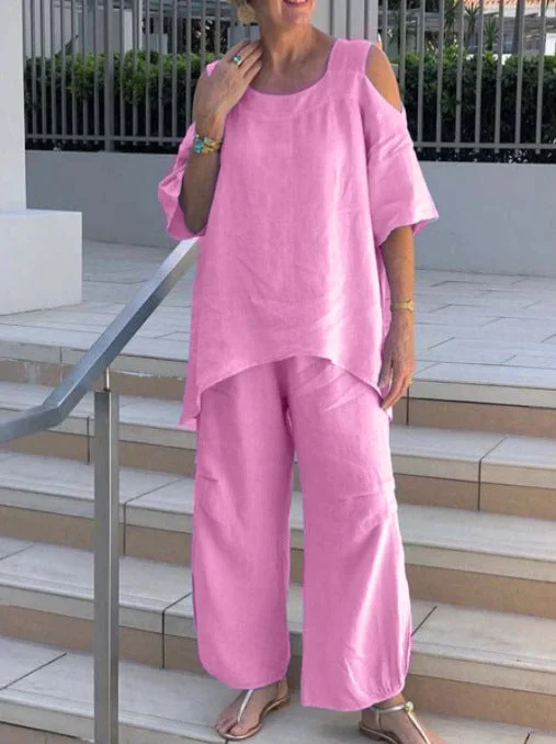 Solid Color Fashion Round Neck Pullover Cotton Linen Short Sleeve Pants Set socialshop