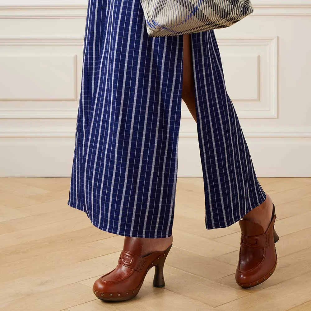 Tan Closed Toe Studded Slip On Loafer Platform Mule Heels for Women