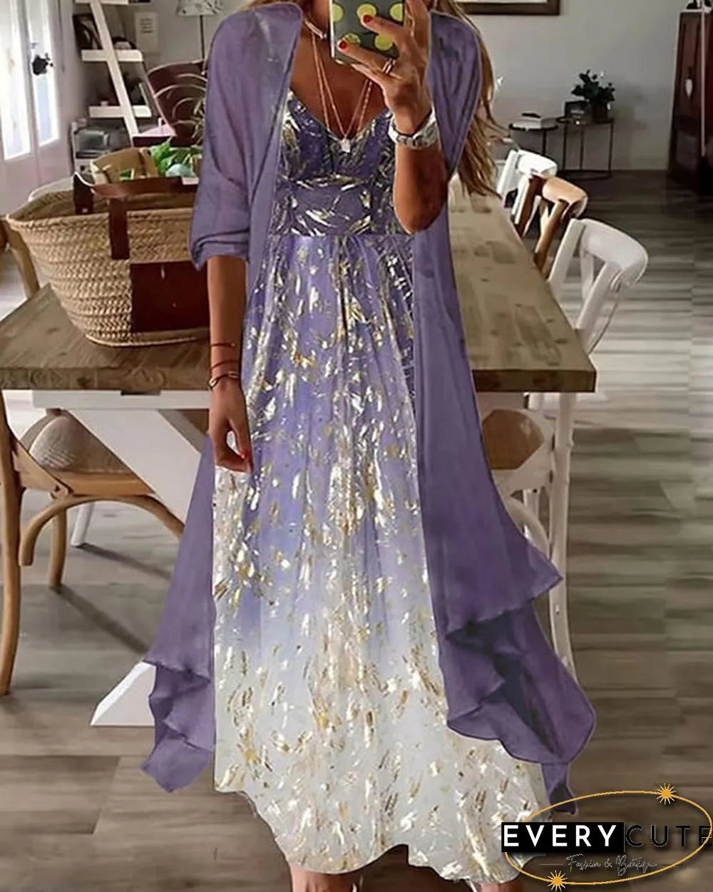 Fake Two-Piece Half-Sleeve Printed Sequined Pleated Casual Sexy Dress