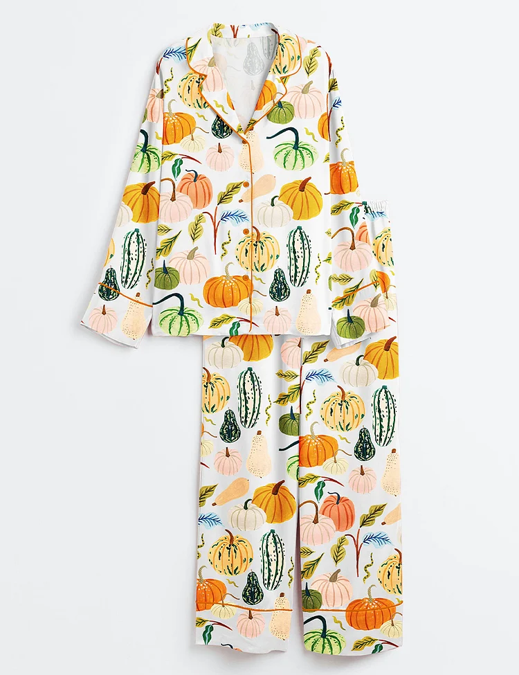 Women&rsquo;s Watercolor Pumpkins Fall Season Fall Leaves Girl Pumpkin Spice Autumn Pumpkin Halloween Long Sleeve Satin Pajama Set