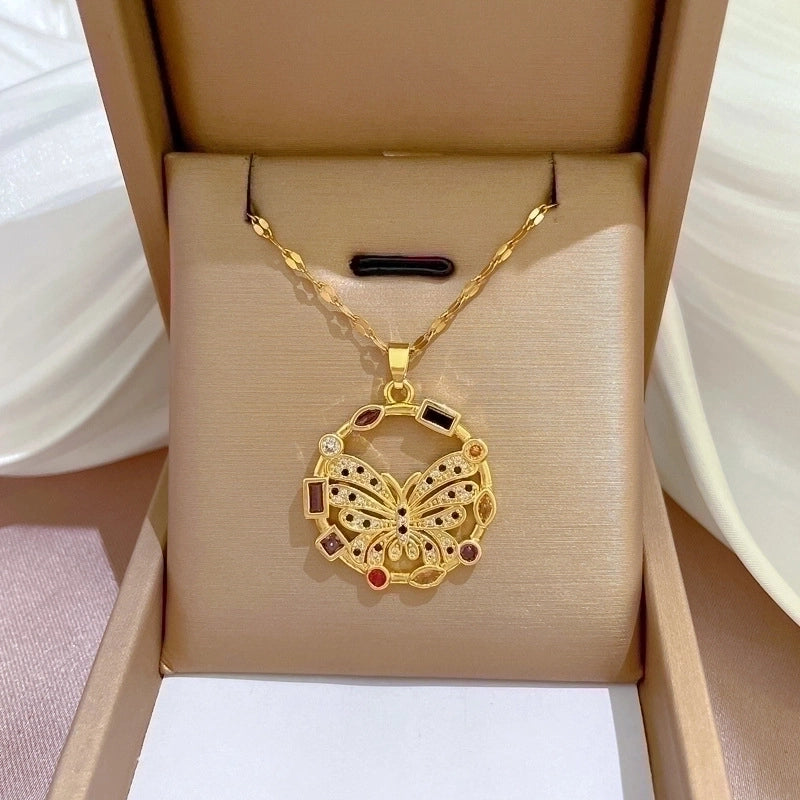 2 Pieces Fashion Heart Shape Butterfly Titanium Steel Copper Inlay Artificial Diamond Pendant Necklace