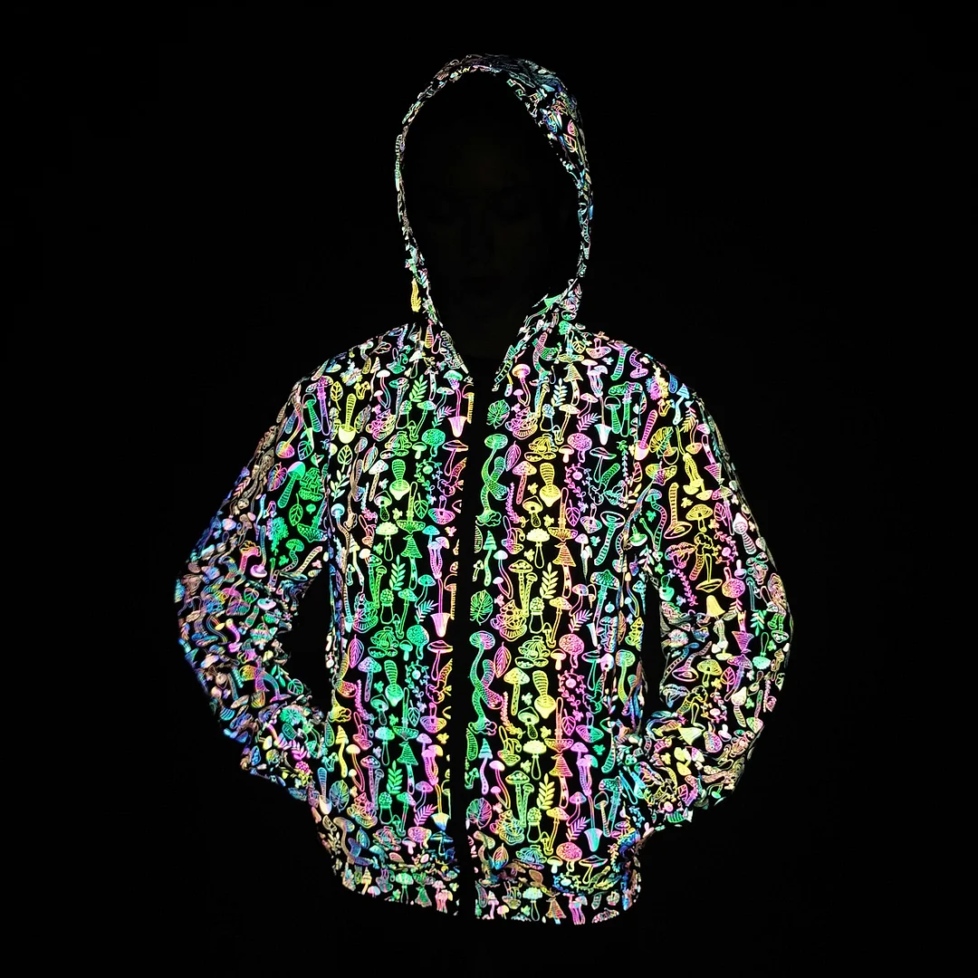 Toloer 2024 New Original Mushroom Dazzle Color Reflective Jacket Men's Colorful Laser Hooded Jacket-Outfit Ideas