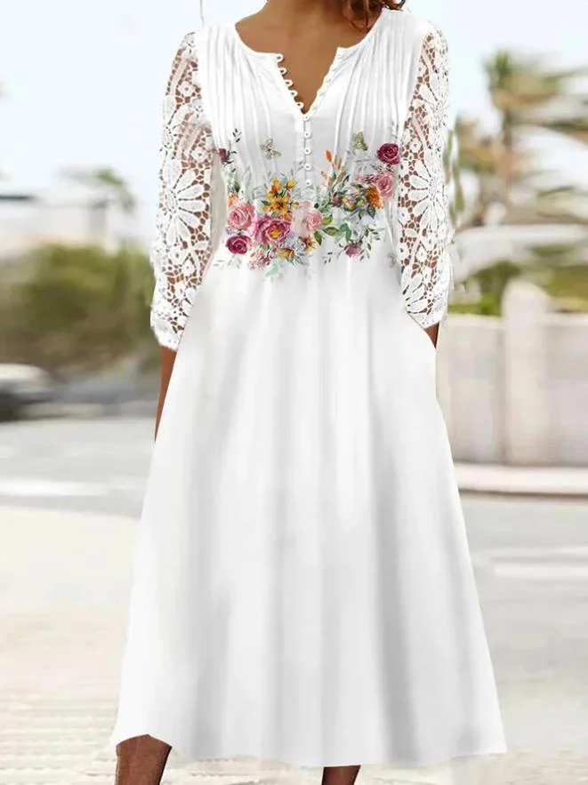 Lace Cutout Long Sleeve Floral Print Dress