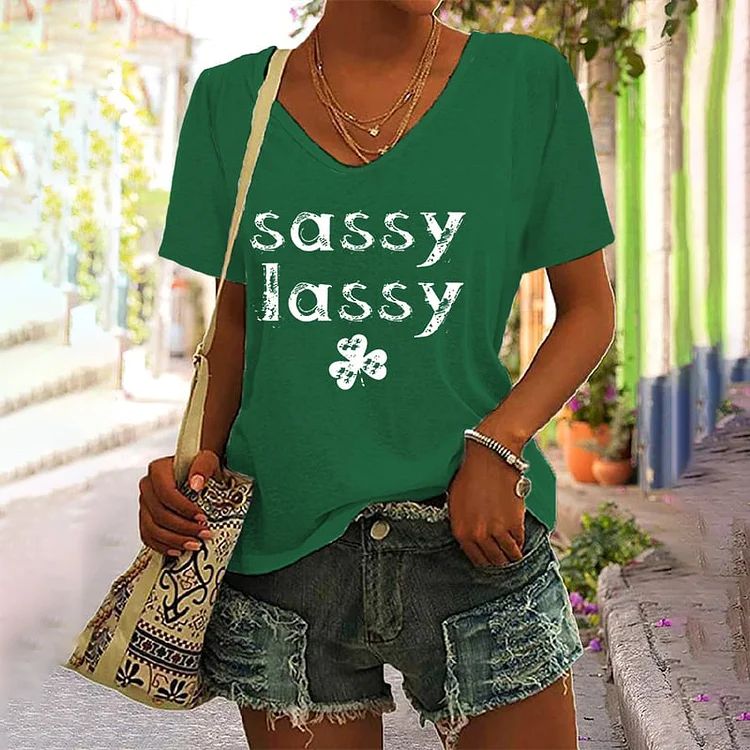 VChics St. Patrick's Day Shamrock Sassy Lassy Print V-Neck T-Shirt
