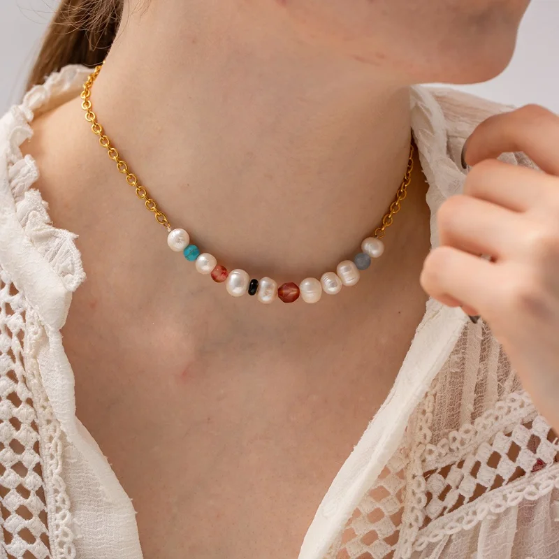 Colorful Natural Stone Pearl Necklace