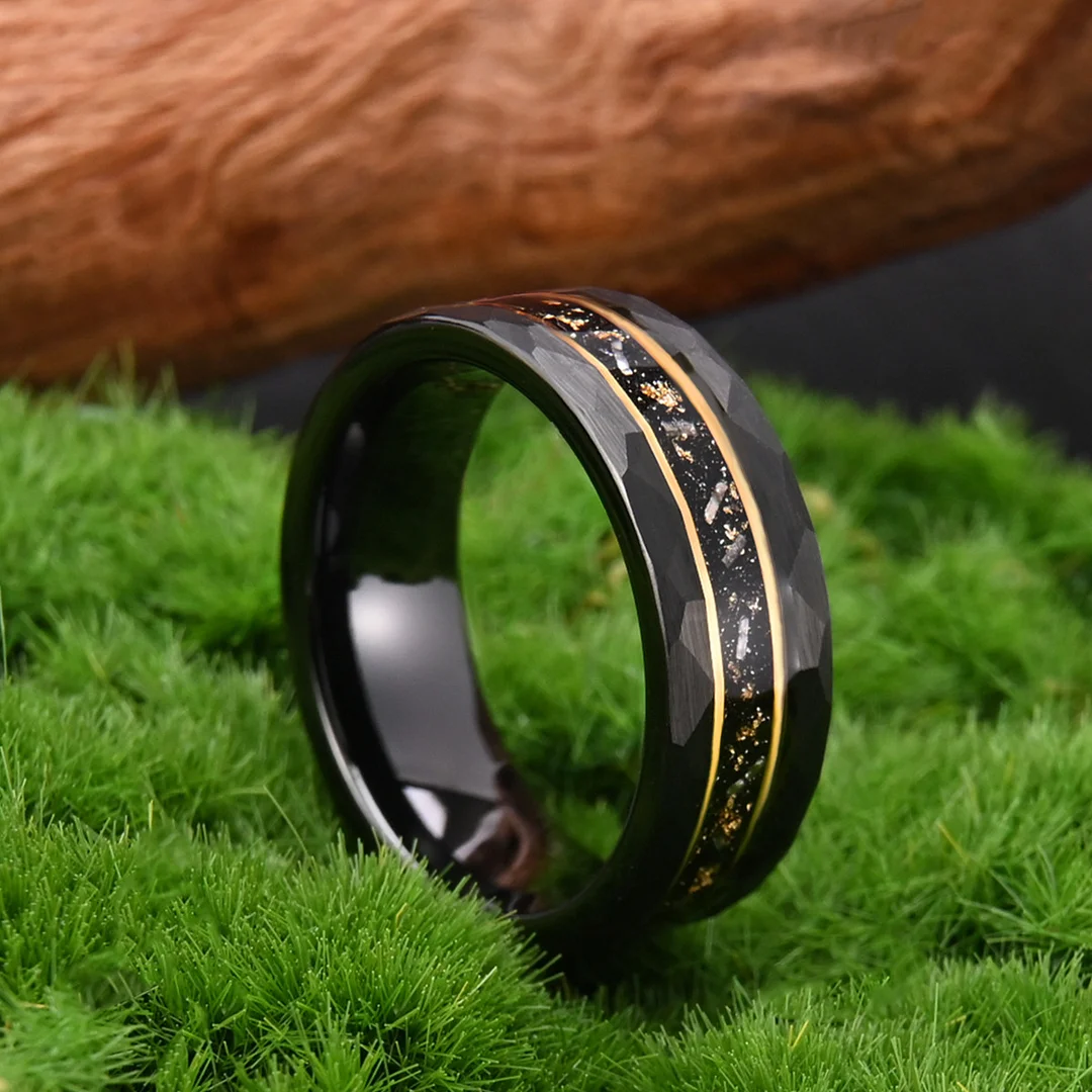8MM Opel Men Tungsten Carbide Rings Fragments of Gold Foil and Meteorite Wedding Bands