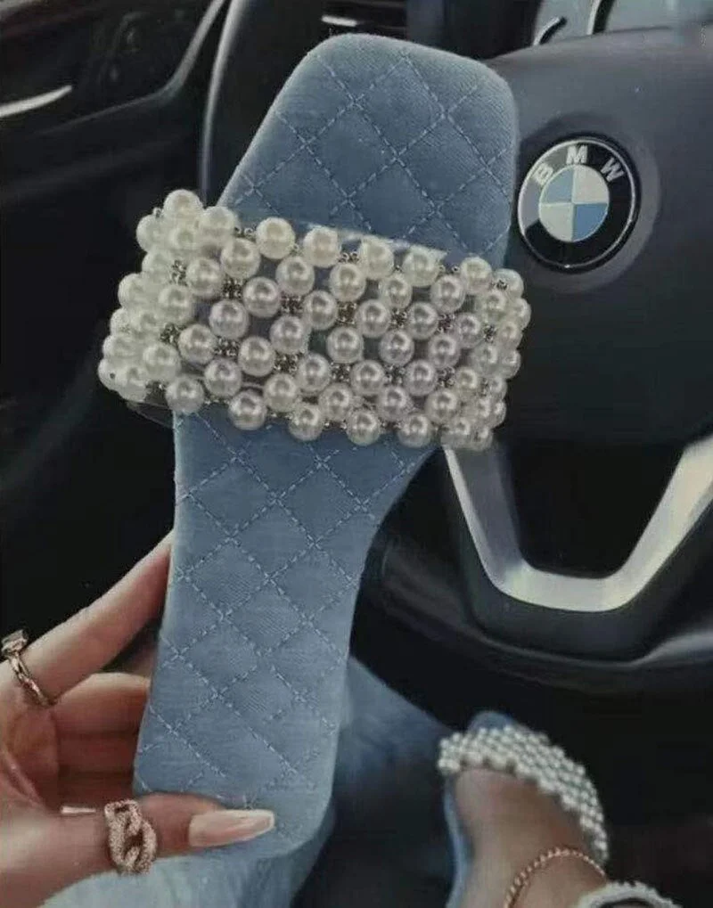 Summer Women Flip Flops Flat Pearly Sandals Slippers Soft Sole Shoes Woman Open Toes Slides Ladies Beaded Leisure Slippers Shoes