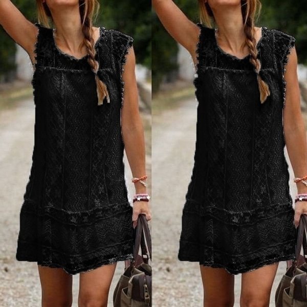 Fashion Summer Dress Sexy Women Casual Sleeveless Beach Short Dress Tassel Solid White Mini Lace Dress Plus Size - Life is Beautiful for You - SheChoic