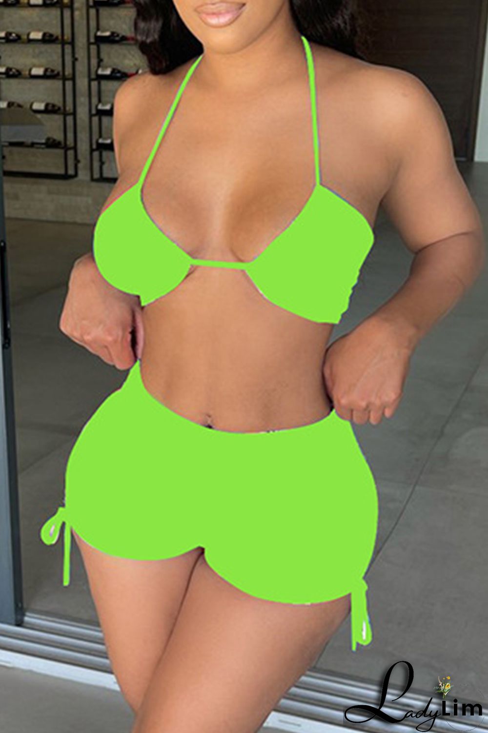 Black Fashion Sexy Solid Bandage Backless Halter Sleeveless Two Pieces