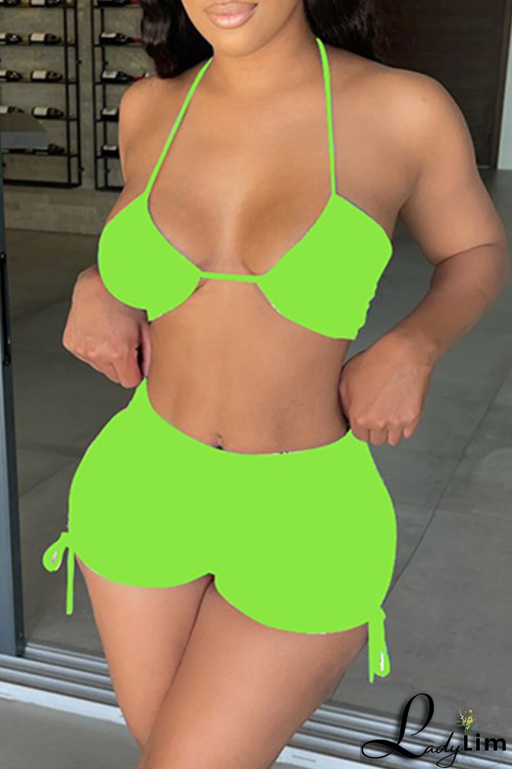 Green Fashion Sexy Solid Bandage Backless Halter Sleeveless Two Pieces