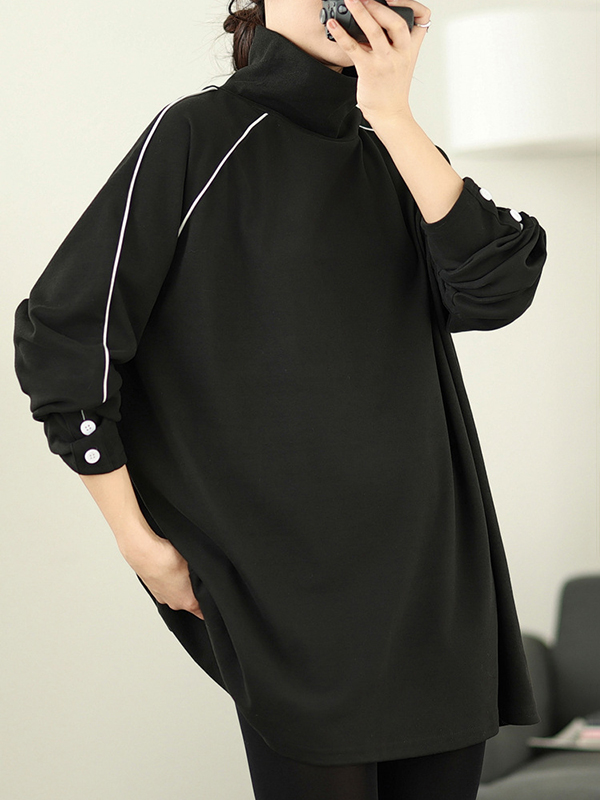 Loose Long Sleeve Button Color Matching High Neck T-shirt