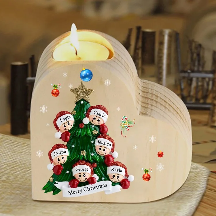 Navidad - Candelero de corazón de madera árbol de familia personalizado con 6 nombres y 1 texto sin vela