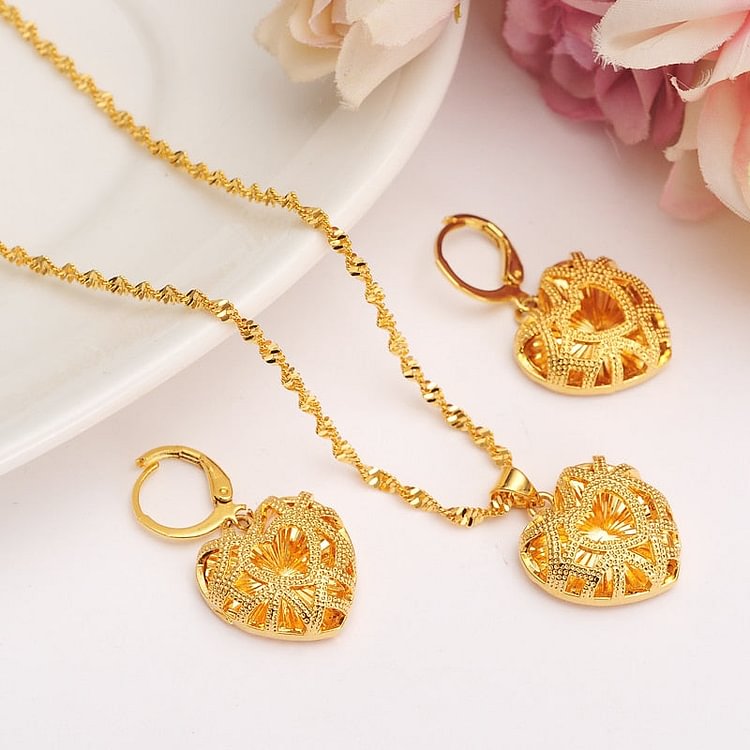 24 K african Habesha Set Ethiopia heart  pendant Necklace/Earrings Gold Color  jewelry  Gift