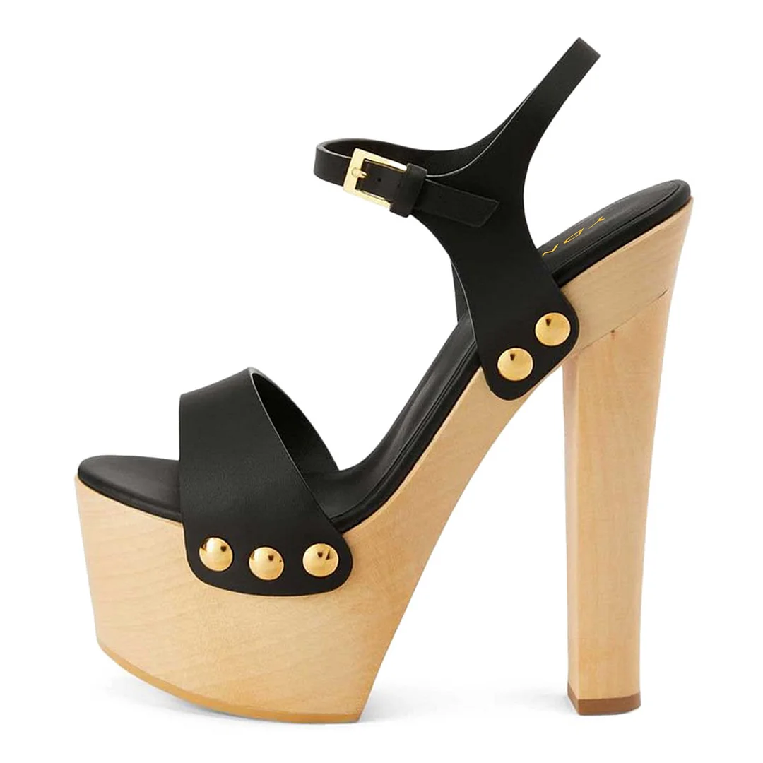 Open Round Toe Studded Platform Black Chunky Heels with Buckle Strap