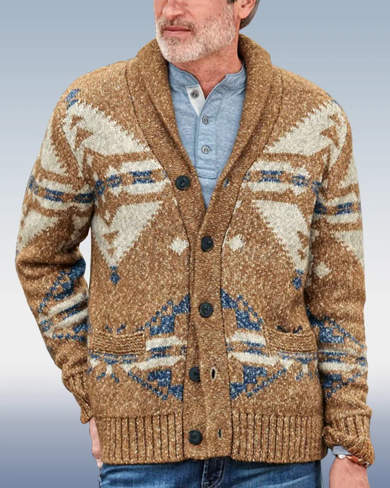 Men's Khaki Blue Long Sleeve Jacquard Cardigan Sweater