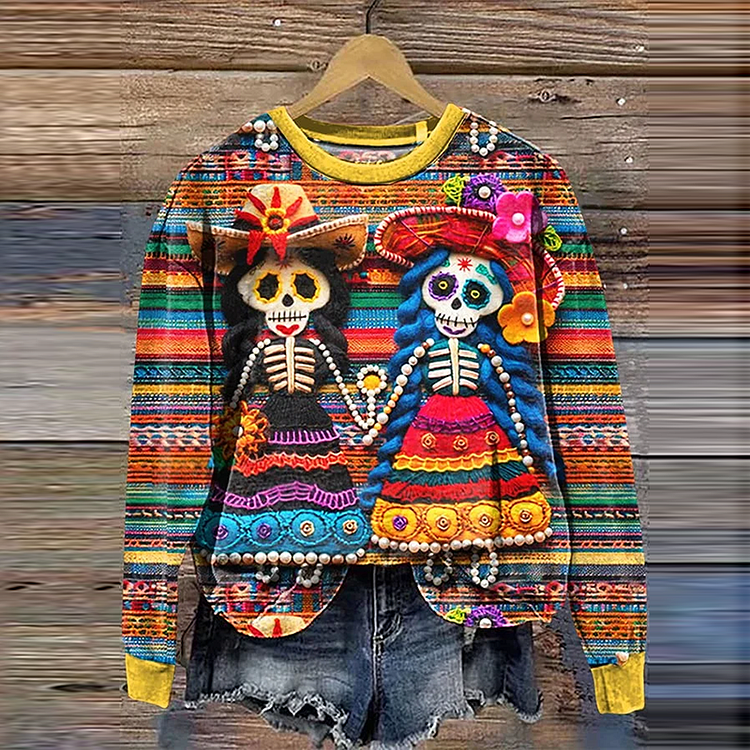 Mexican Sugar Skeleton Couple Catrina Day Of The Dead Inspired Art Printed Sweatshirt