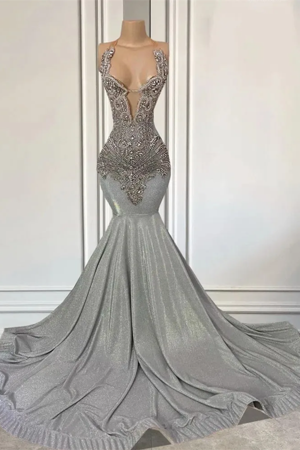 Luluslly Silver Halter Mermaid Prom Dress Sleeveless Long With Beadings