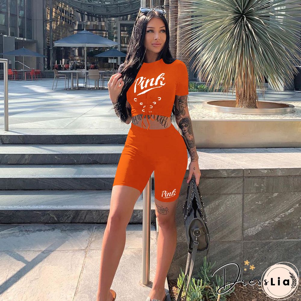 Sportswear Short Sleeve Crop Tops Biker Shorts Set
