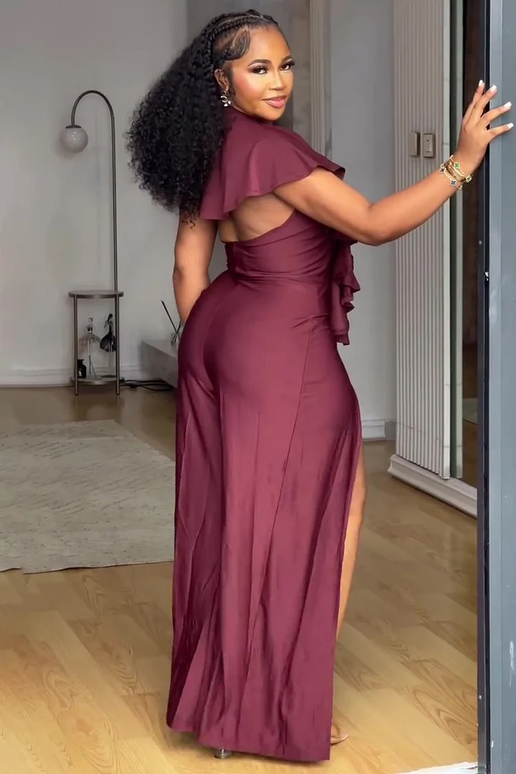 Lace-Up V Neck Ruffle Cutout Party High Slit Jumpsuit-Burgundy [Pre Order]