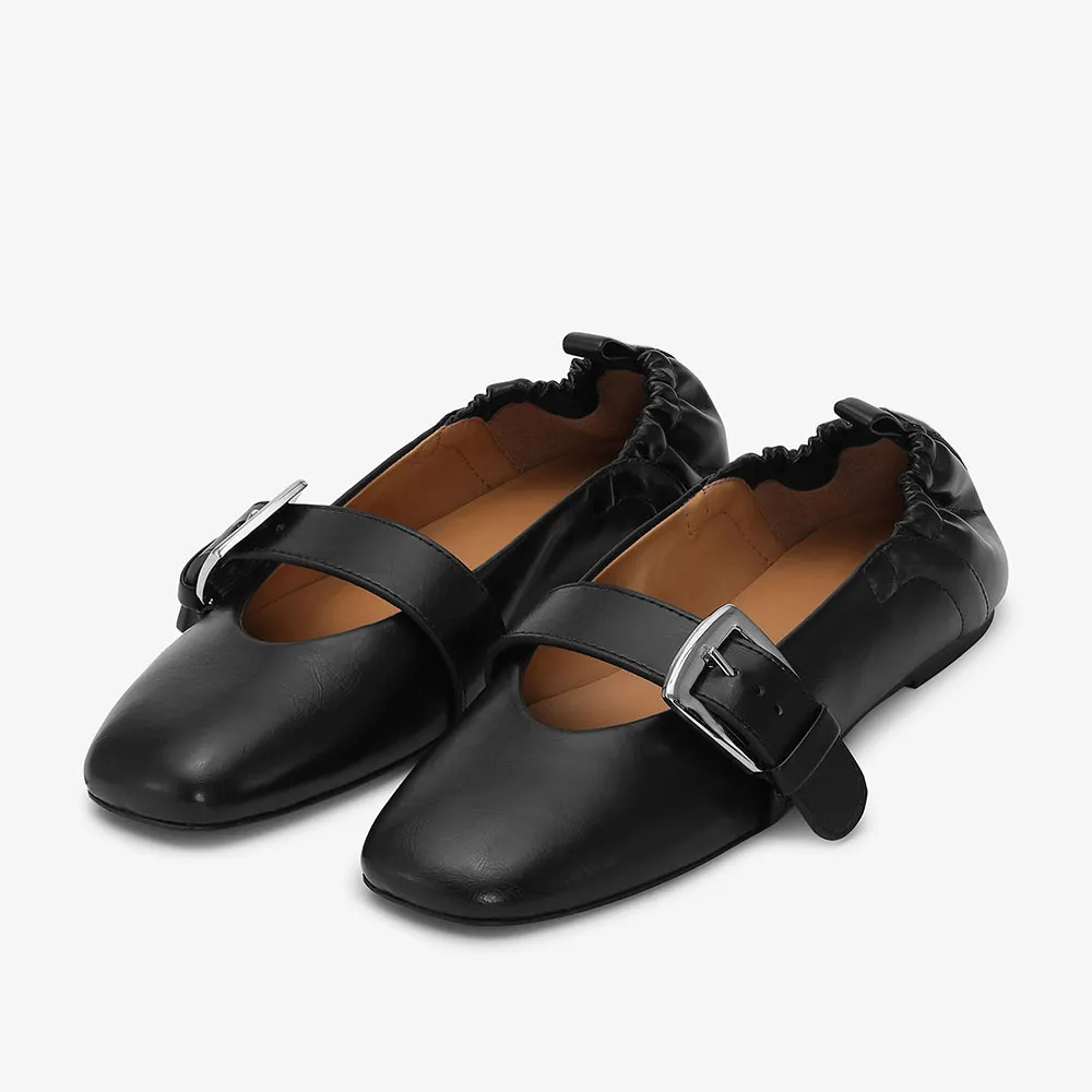Chic Black Square Toe Pull Tab Ruched Mary Jane Flats with Buckle