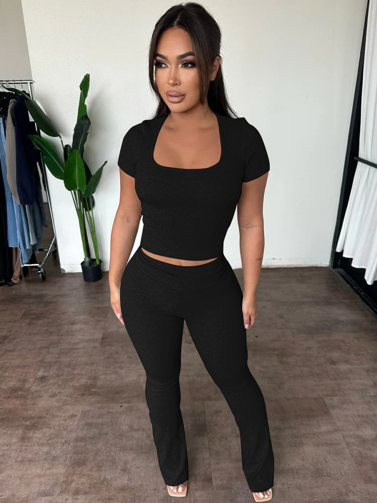 Hugcitar Ribbed 2 Pcs Sets Solid Square Collar Short Sleeve Sexy Crop T-Shirt Pants Summer Women Casual Outfits Streetwear Sport