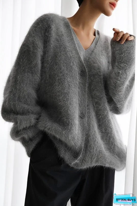 Solid Color Loose V-neck Long-sleeved Lazy Knitted Cardigan