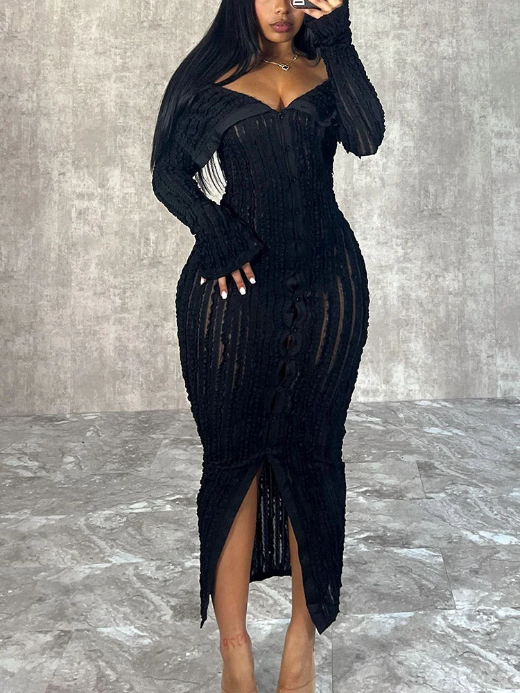   Fashionable and Elegant Off-Shoulder Bodycon Wave-Pattern Long-Sleeve Dress