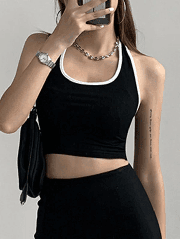 Brownm Contrast Trim Cropped Halter Tank Top