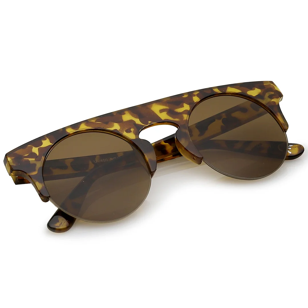 Modern Flat Top Horn Rimmed Round Flat Lens Semi Rimless glasses 48mm