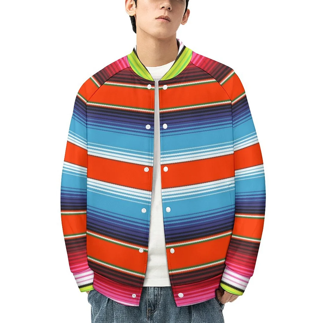 Traditional Spanish Serape Fiesta Mexican Blanket Women Single Breasted Bomber Jacket Men Stand Collar Varsity Coat Outfit