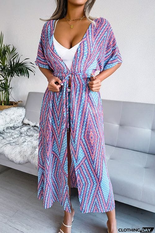 Print Drawstring Waist Kimono